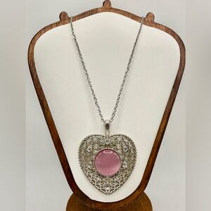 Pink Heart Necklace Silver Filigree Valentine Pendant Stainless Steel Chain